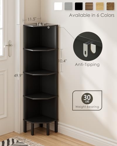 Corner Shelf, 5 Tier Corner Bookshelf, Display Corner Shelf Stand with Storage Rack, Wall Corner Bookshelf for Living Room, Bedroom, Office, Black - Image 2