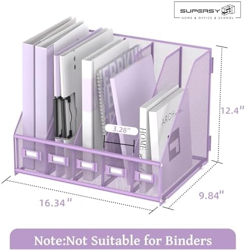 SUPEASY Desk Organizers Metal Desk Magazine File Holder with 5 Vertical Compartments Rack File Organizer for Office Desktop, Classroom, Home Workspace, Purple - Image 3