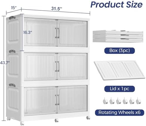 120Gal Extra Large Foldable Storage Organizer with Lid, 480QT Stackable Plastic Storage Bins with Clear Magnetic Doors & Wheels, for Bedroom Garage Closet Kitchen Dorm Home (3‑Pack) - Image 2