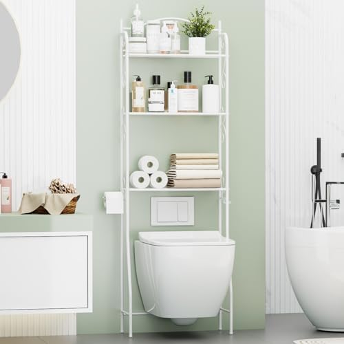 HOME BI Over The Toilet Storage Shelf, 3-Tier Over Toilet Bathroom Organizer Rack, Freestanding Space Saver Toilet Stands with Hooks (White) - Image 2