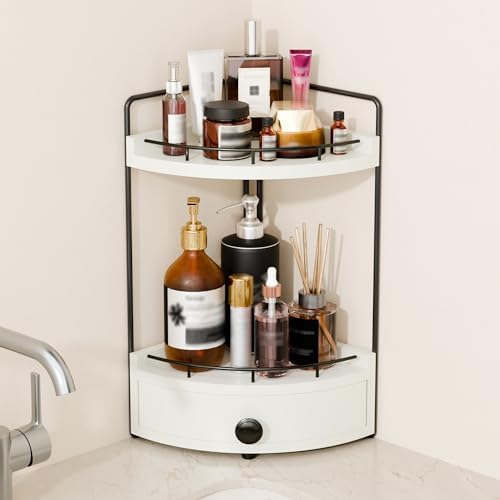 2-Tier Corner Bathroom Counter Organizer with Drawer, White by Unknown