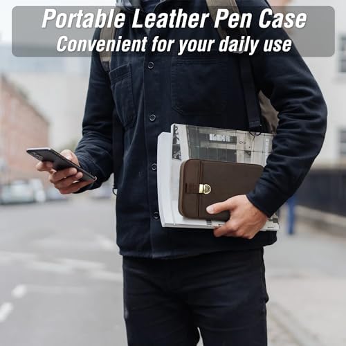 Top Grain Genuine Leather 6 Fountain Pen/Pencil Tray Case Holder, Handmade Minimalist Design, Brass Plug-in Lock with Drawer Design, Gift Choice for Man/Woman/Office, Matte Coffee, 6 Slots - Image 4