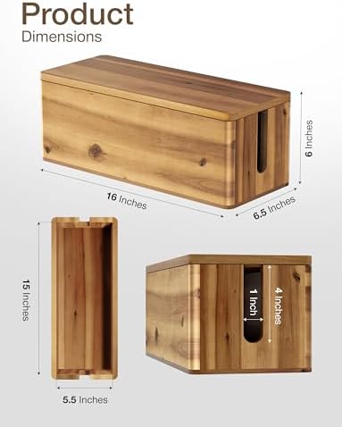 TIDITA 16" L Wooden Cable Management Box Round Edge, Magnetic Lid, Large - Image 2
