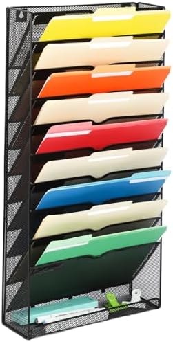 EASEPRES Desk File Organizer Mesh 11-Tier, Hanging Wall Mount Document Organization Stand, Desktop Vertical Mail Paper Folder Holder Rack with Bottom Tray for Office Home Cubicle Countertop, Black by EASEPRES