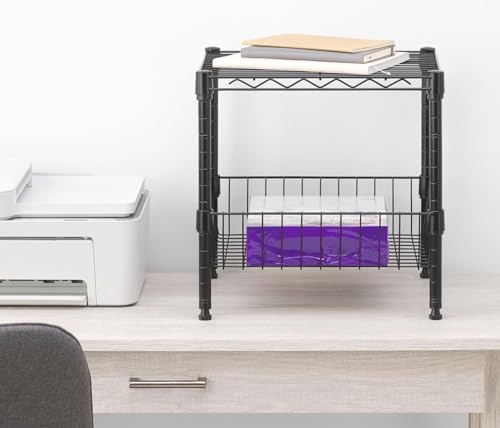 Whitmor 2 Tier Metal Storage Shelves, Heavy Duty Shelf with Basket, 150 lbs Capacity per Shelf, 300 lbs Total, Home Organizer for Kitchen, Garage, Bathroom, 15" L x 14" W x 15" H, Black - Image 2
