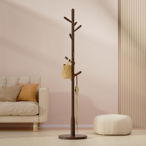 Solid Wood Round Base Coat Rack, Free Standing Hall Coat Tree with 8 Hooks（+2 spare) for Coats, Hats, Bags, Purses, for Entryway, Hallway, Rubberwood Hooks,Base and Pole(Round Base,Dark Walnut) - Image 5