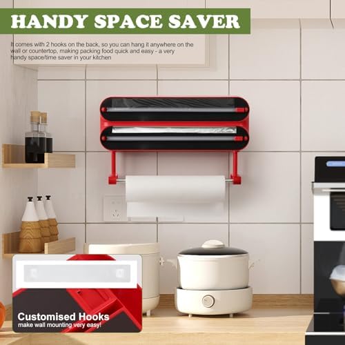 Aluminum Foil & Plastic Wrap Dispenser with Cutter - Magnetic & No-Drill Wall Mount, Cling Film Dispenser with Paper Towel Holder, Space-Saving 3-in-1 Kitchen Organizer - Fits 12" Roll, Red - Image 4