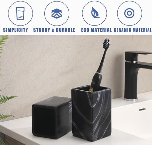 Matte Black Toothbrush Holders for Bathrooms - 2 Marble Square Cups Ceramic Toothbrush Toothpaste Holders Set, Black Bathroom Tumbler Cups Reusable Toothbrush Cup, Bathroom Counter Organizer - Image 4
