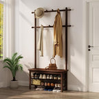 AQIMUELE Hall Tree, Coat Rack with Shoe Storage, Wooden Hall Tree with Bench, 11 Hooks and 2-Tier Storage Shelves, Entryway Bench with Coat Rack (31.5" - Deep Walnut) by AQIMUELE