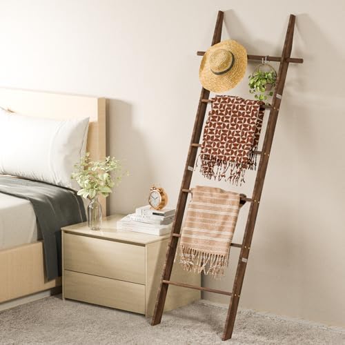 Farmhouse Wooden Blanket Ladder with Removable Hooks Brown 6-Tier - Image 2