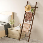 Farmhouse Wooden Blanket Ladder with Removable Hooks Brown 6-Tier - Image 2
