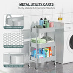 EAGMAK 3 Tier Utility Rolling Cart, Metal Storage Cart with Handle and Lockable Wheels, Multifunctional Storage Organizer Trolley with Mesh Baskets for Kitchen, Living Room, Office, Garage (Grey) - Image 2