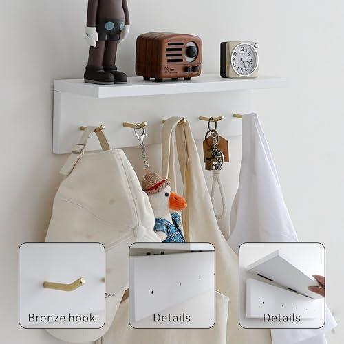 Wall Mounted Coat Rack with Shelf & Key Hooks, 5 Brass Hooks Entryway Organizer, Modern Floating Shelf for Bedroom Hallway, Space-Saving Home Storage Rack (1, White) - Image 3