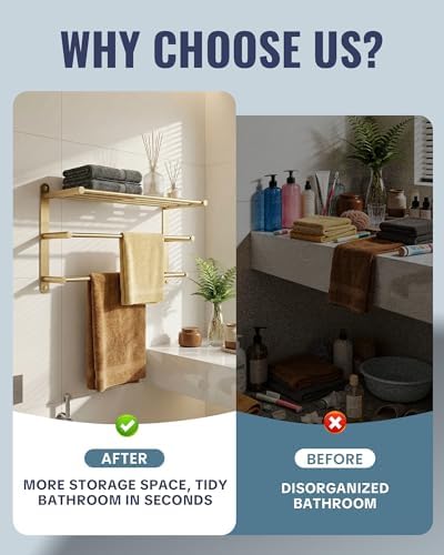 24 Inch Towel Racks for Bathroom: Brushed Gold Towel Rack with Double Towel Bar Wall Mounted - SUS304 Stainless Steel Bath Towel Holder with Shelf for Hotel Lavatory - Image 2