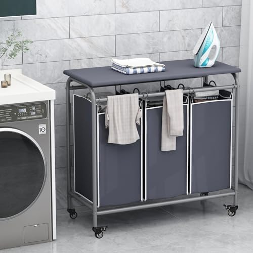 3 Bags Laundry Basket Sorter, Grey 135L Laundry Hamper, Ironing Board - Image 2