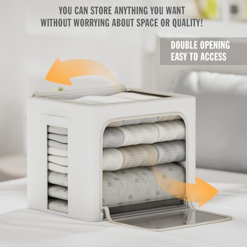 FHSQX 2 Pack Clear Window Storage Bins Large Stackable Linen Fabric Storage for Clothes Foldable Container Organizer Set with Carrying Handles (Lvory White, 23.6x 16.5x 15.7 Inch) - Image 2