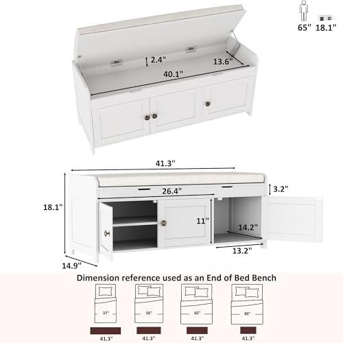 HOMEFORT 41.3" Shoe Bench with Lift Top Storage, Entryway Bench with Cushioned Seat, Wooden End of Bed Bench, Shoe Cabinet Bench with Hidden Storage Space, for Bedroom, Hallway,White - Image 3
