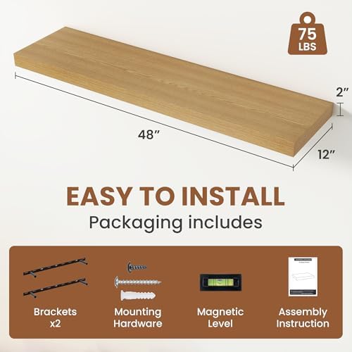 Vivelove Deep Floating Shelves 48x12” Set of 2, Oak - Image 3