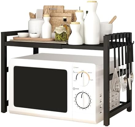 Y YOMA Extendable Microwave Oven Rack, 2 Tier Metal Kitchen Countertop Organizer with 6 Hooks, Adjustable Shelf for Bakers, Holds 60lb, Black by YYOMA
