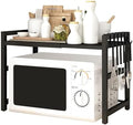 Y YOMA Extendable Microwave Oven Rack, 2 Tier Metal Kitchen Countertop Organizer with 6 Hooks, Adjustable Shelf for Bakers, Holds 60lb, Black by YYOMA