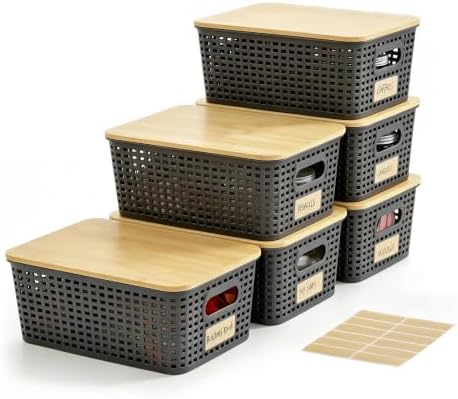 Bagnizer Small Plastic Storage Bins with Bamboo Lids 5.2qt Stackable Box Basket Pantry Decorative Containers Cute with Lable for Organizing Desktop Closet Office Gray of 6 packs 10 * 7.2 * 4.1" by Bagnizer