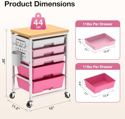 ALVOROG Rolling Storage Cart with 5 Drawers,Pegboards,Wooden Top,Bins,Pink - Image 7