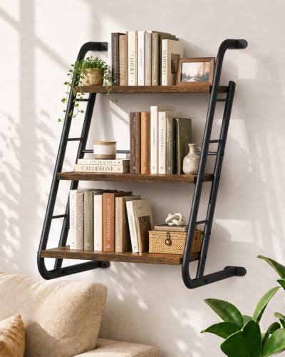 Floating Shelves for Wall,3-Tier Rustic Wood Ladder Wall Shelf,16" Brown by ELOWEN