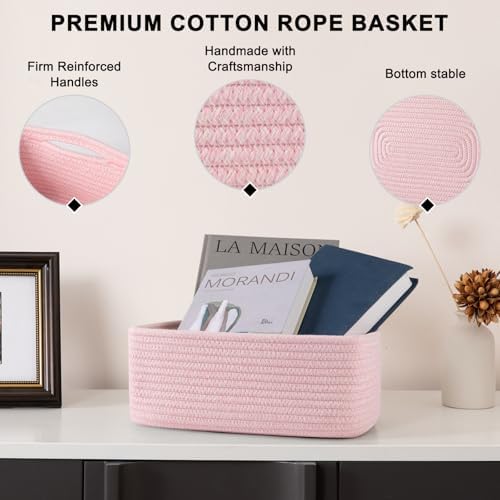 OIASKET 4 Pack Small Storage Shelf Baskets for Organizing, Mini Woven Rope Storage Bins for Towels, Cute Decorative Closet Organizer，Baby Nursery, Gift Empty Baskets -11.81''Lx7.87''Wx4.72''H-Pink - Image 6