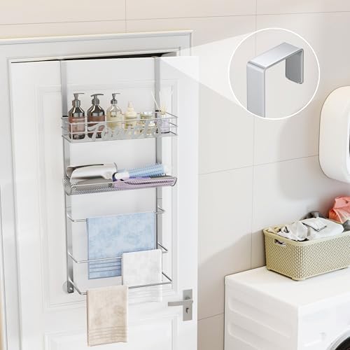 SWTYMIKI Over the Door Towel Racks for Bathroom - 5-Tier Wall Mounted Bathroom Towel Storage Organizer Holder with Metal Shelf, Sliver - Image 3