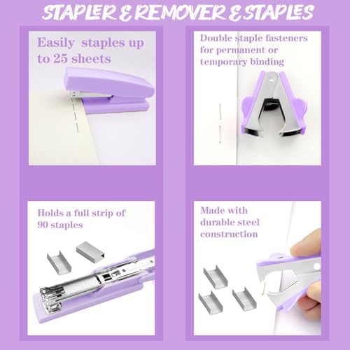Purple Desk Accessories, 17Pcs Purple Office Supplies Set with Stapler, Mesh Desk Organizer, Tape Dispenser, Staple Remover, Pen Holder, Clips, Pens, Ruler, for Office Home School Women Students Gift - Image 6