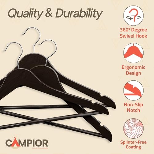 Brown Wooden Hangers 80 Pack – Heavy-Duty with 360° Swivel Hook, Non-Slip, Pants Bar & Shoulder Grooves - Wooden Hangers for Suits, Jackets, Dresses & Camisoles, Space-Saving and Smooth Finish - Image 4