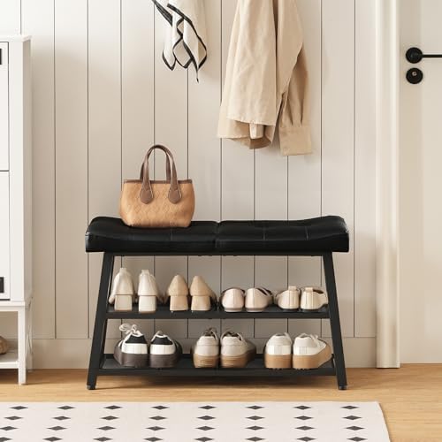 YATINEY Shoe Bench, 3-Tier Shoe Rack, Entryway Bench with Storage and Cushion, for Hallway, Foyer, Bedroom, Black HX02BB - Image 4