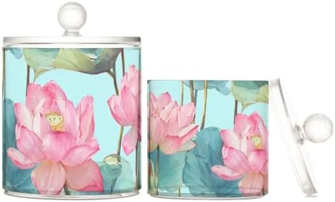 Teal Pink Lotus Flower Qtip Holder Waterproof Dustproof Apothecary Jars with Lids For Bathroom Cotton Swabs Makeup Sponges Floss Picks Bath Salts 2 Pack by Tatenale