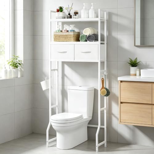 YBING Over The Toilet Storage Cabinet, Over Toilet Bathroom Organizer with Drawer, Roll Holder and Hooks, Bathroom Storage Cabinet, Wooden, White by YBING
