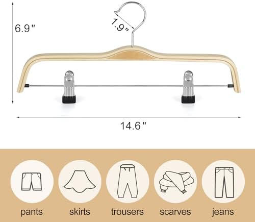 TOPIA HANGER Wooden Pants Hangers,Slim Natural Wood Skirt Hangers with Anti-Rust Hook and Adjustable Metal Clips, Perfect for Skirts, Pants, Slacks-20 Pack-CT17N20 - Image 3