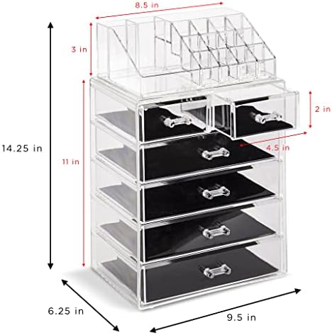 Sorbus Makeup Organizer, 6-Drawer Acrylic 2-Piece Set (Clear) - Image 3