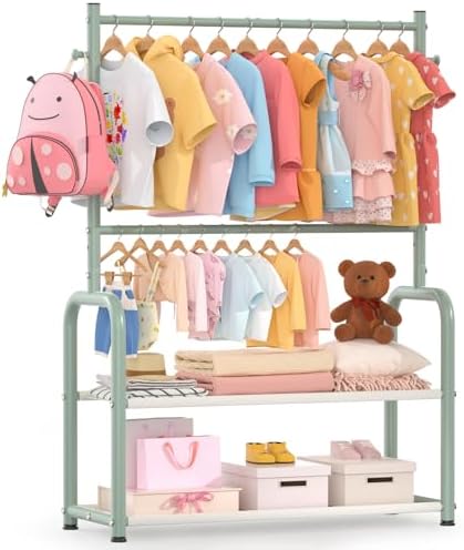 Kids Clothing Rack 2 Tier Baby Closet Green Toddler Dress up Racks by ZHKINGGS