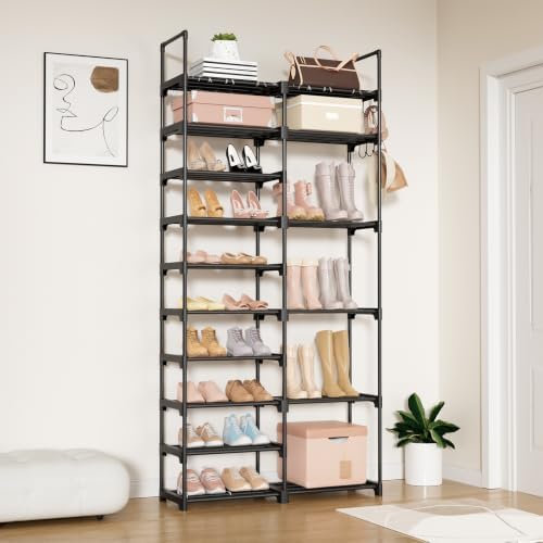 ROJASOP Shoe Rack Organizer, 10-Tier Metal Shoe Rack for Closet Entryway Garage, 32-36 Pairs Tall Shoe Boot Storage Shelf with Hooks, Stackable Large Shoe Stand, Black - Image 2