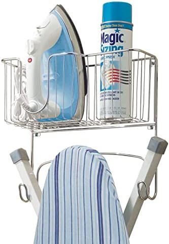 mDesign Metal Steel Ironing Board Holder Wall Mount with Large Storage Basket for Laundry Rooms - Holds Iron, Ironing Board, Spray Bottles, Starch, or Stain Sticks - Easy Installation - Chrome by mDesign
