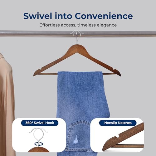 SereneLife 50-Pack Wooden Coat Hangers – Durable Suit Hangers with 360° Swivel Hook & Notches – Slim Design for Shirts, Jackets, Dresses, and More (Vintage) - Image 6