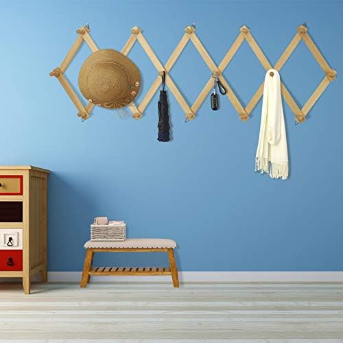 Dseap Accordian Wall Hanger: 16” High Wooden Wall Expandable Coat Rack, Hat Rack Holder, Accordion Hook for Baseball Caps, Coats, Mugs, 16 Peg Hooks, Natural - Image 2