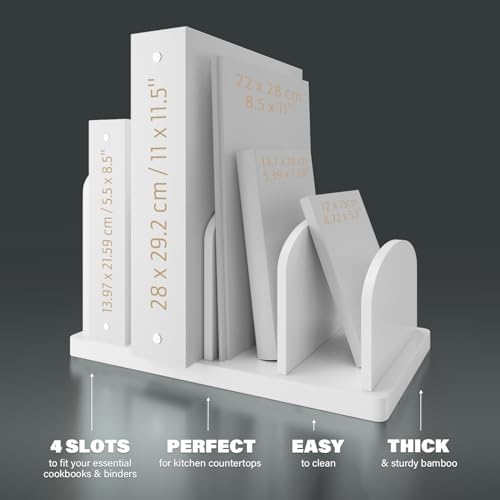 Cook Book Organizer, 4 Sections, Recipe Book Holder Rack, Tabletop Stand for Convenient Cookbook Storage, Vertical Cook Book Stand Kitchen, Binder Holder for Desk & Countertop (White) - Image 4