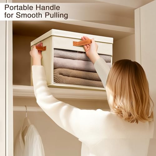 Homsorout Large Storage Bins with Lids - 4 Pack Foldable Decorative Organizers with Clear Windows & Handles, Cube Storage Organizers for Clothes, Blankets, Sweaters, Sheets, Beige - Image 4