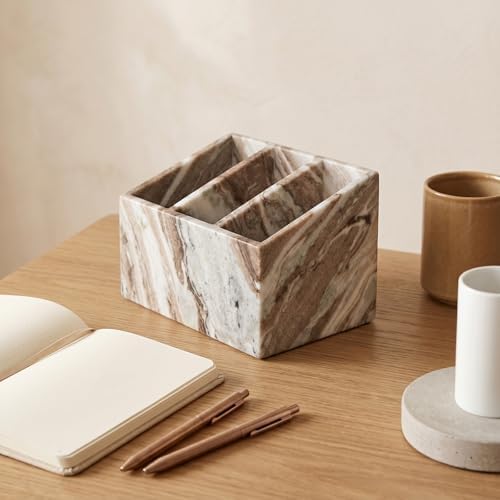 Luxury Natural Marble Pen and Makeup Holder, 3 Compartment Desk Organizer - Image 2