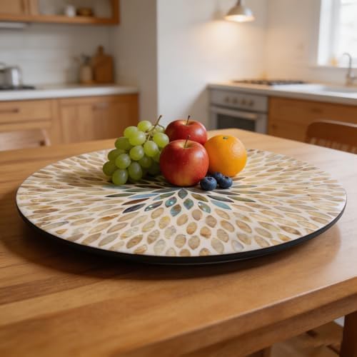 13.4" Mother of Pearl Lazy Susan, Table Centerpiece Round Shell Decorative Lazy Susan Turntable Rotating Tray Organizer for Cabinet Counter Gift Kitchen Office Cafe Home Decor (Beige Blue) - Image 3