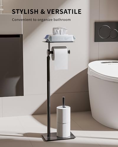 Toilet Paper Holder Stand, Free Standing Toilet Paper Holder with Shelf for Bathroom, Stainless Steel Toilet Paper Roll Holder with Storage, Reserve for 3 Rolls, Weighted Base(Matte Black) - Image 2