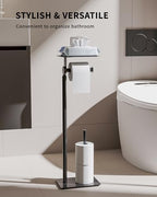 Toilet Paper Holder Stand, Free Standing Toilet Paper Holder with Shelf for Bathroom, Stainless Steel Toilet Paper Roll Holder with Storage, Reserve for 3 Rolls, Weighted Base(Matte Black) - Image 2