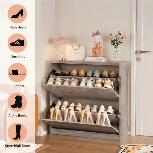 Grey Hidden Shoe Storage Cabinet for Entryway with 2 Flip Drawers - Image 7