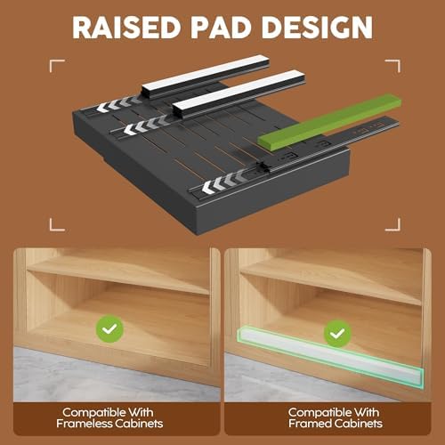 Seinloes 2Pack Expandable Pull Out Cabinet Organizer 21"Deep with Raising Pad for Framed Cabinets, Upgrade 3 Slide Rails Slide Out Drawers, Roll Out Shelves Adhesive,Adjustable Width 12.05"-20.4"Black - Image 2