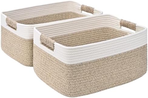 2 Pack Large Storage Basket for Organizing, 17.5"x13"x7" Woven Basket for Shelves, Closet Cube Storage Bins with Wrapped Handle, Cotton Rope Baskets for Kitchen, Clothes, Toys(Off White & Brown) by Degeyoyo